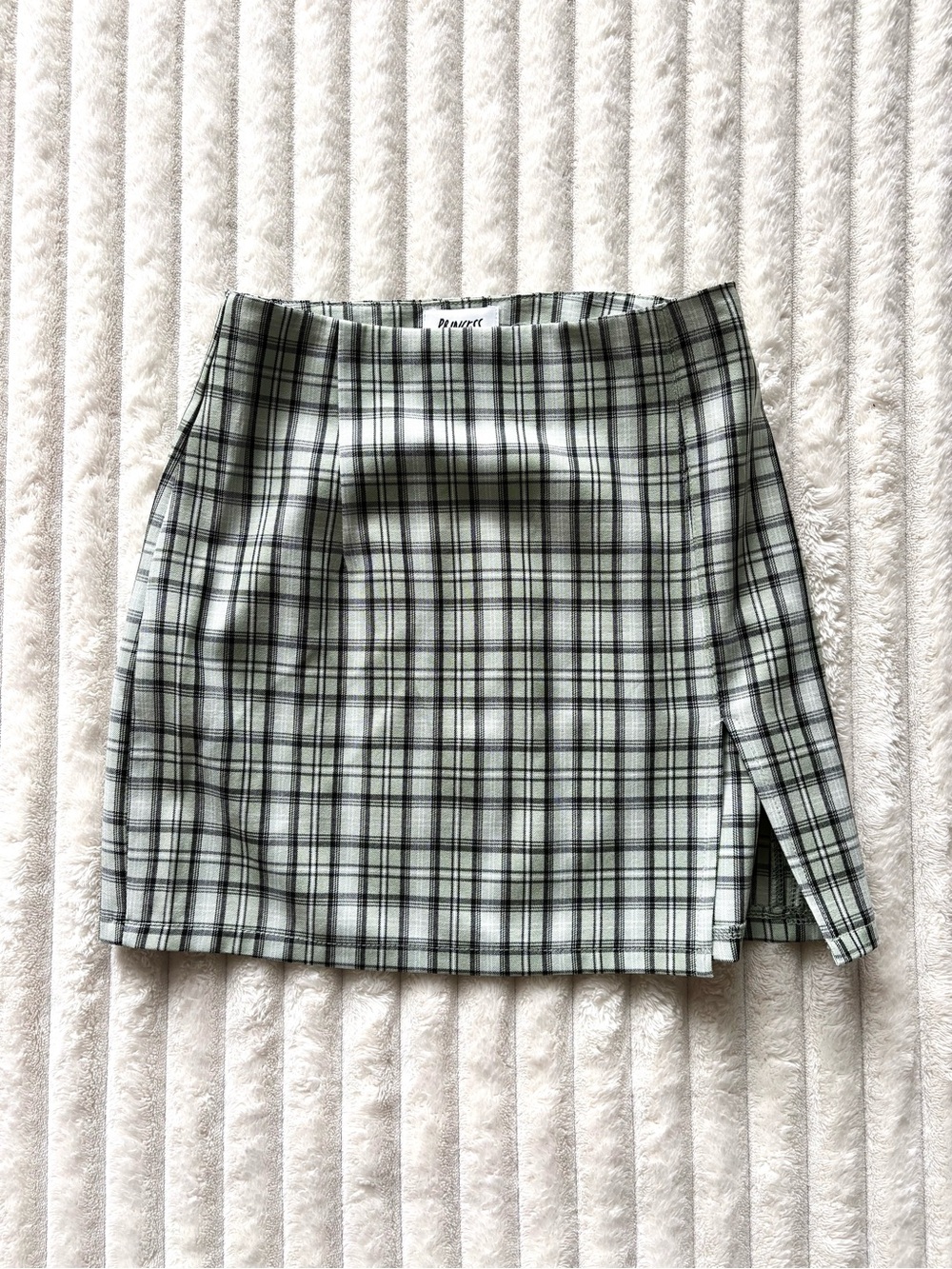 Princess Polly Plaid Mini Skirt with Side Slit in Light Green and Black